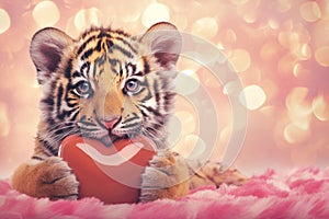 Valentines Day surprise tiger cub offers heart shaped gift romantically
