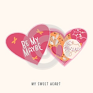 Valentines day sweet cookies candy heart box. Vector Romance card cute illustration isolated on beige background