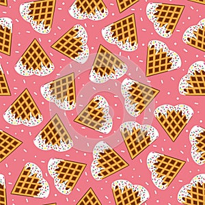 Valentines day sweet lunch. Seamless pattern. Hearts shape pastry. Love day. Homemade waffles.