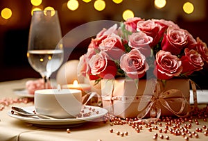 Valentines day table setting with pink roses and champagne glasses. Valentine\'s day background. A gala dinner for two