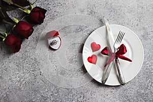 Valentines day table setting romantic dinner marry me wedding engagement ring