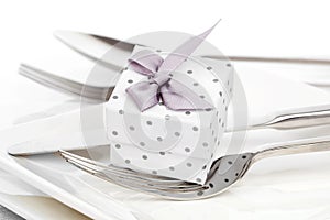 Valentines day table setting with romantic gift box,