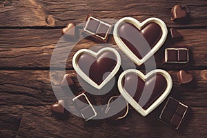 Valentines Day theme Chocolate hearts and bars on wooden background