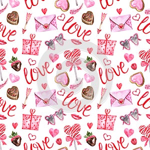 Valentines day themed seamless pattern. Watercolor love letter, pink and red hearts, desserts, treats, candies, arrows, lips