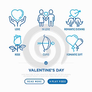 Valentines day thin line icons set: couple in love, cupid bow, balloons, envelope, rose. Modern vector illustration