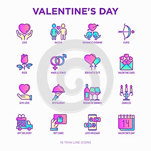 Valentines day thin line icons set: couple in love, romantic evening, cupid bow, balloons, envelope, gift card, candles, love