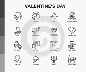 Valentines day thin line icons set: couple in love, romantic evening, cupid bow, balloons, envelope, gift card, candles, love