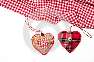 Valentines day. Top view of fabric hearts, white background
