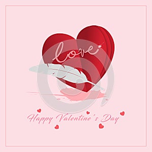 Valentines Day turkish concept. 3d heart feather and ink with pink background. Vector illustration.