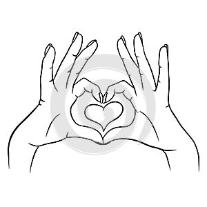 Two hands making a heart sign. Love, romantic relationship concept. Isolated vector.