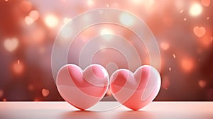 Valentines day, two pink hearts on bokeh lights background