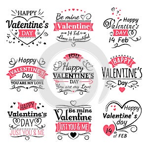 Valentines Day typography, ribbon banners and decoration elements vector set