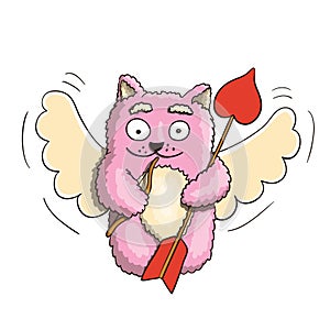 Valentines Day, Valentines Cupid Pink Cat With Little Bow and Big Arrow Ready for Lover`s Heart on White Background