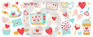 Valentines day vector elements set. Cartoon style for stickers and greeting cards