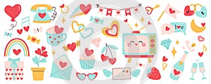 Valentines day vector elements set. Cartoon style for stickers and greeting cards