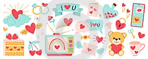 Valentines day vector elements set. Flat style for stickers and greeting cards