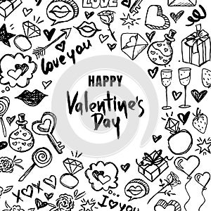 Valentines day vector greeting card. Black and white doodle frame and hand drawn letters. Design for holiday poster.