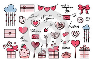 Valentines day vector hand drawn set of doodles. Cute romantic love icons for anniversary, wedding.