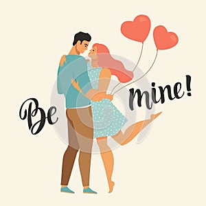 Valentines day vector illustration with young couple in love. Boyfriend and girlfriend smile and hug. Cute lovers with