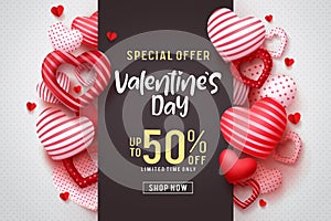 Valentines day vector promotional banner. Special offer text with red hearts elements