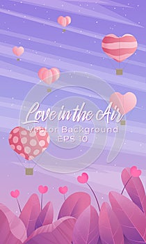 Valentines day vertical vector background with illustration of air ballons in the sky and leaves with hearts flowers in pink and v