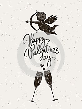 Valentines Day vintage greeting card. Black silhouette of Cupid aiming bow and arrow and two glasses of champagne