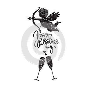 Valentines Day vintage greeting card. Black silhouette of Cupid and two glasses of champagne. Vector illustration