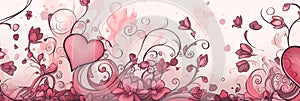 Valentines day watercolor abstract heart and flowers background banner, artistic doodle. Panoramic web header with copy