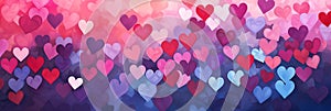 Valentines day watercolor abstract hearts background banner, art aquarelle painting illustration. Panoramic web header