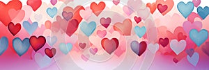 Valentines day watercolor abstract hearts background banner, art aquarelle painting illustration. Panoramic web header
