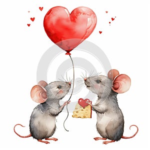 Valentines day watercolor cute animals with red heart balloon. Lovely mice with cheese