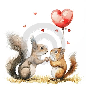 Valentines day watercolor cute animals with red heart balloon. Lovely squirrels couple.