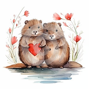 Valentines day watercolor cute animals with red heart baloon. Lovely beavers couple