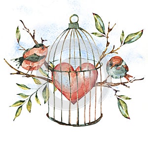 Valentines day watercolor natural greeting card with birds, tree