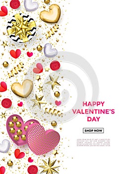 Valentines day web banner background of hearts and gold glitter confetti or flower pattern for holiday sale or discount store. Vec