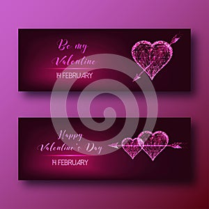 Valentines Day web banners set with glowing low poly hearts with arrows, on dark red background.