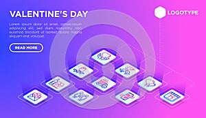 Valentines day web page template with thin line isometric icons: couple in love, romantic evening, cupid bow, balloons, envelope