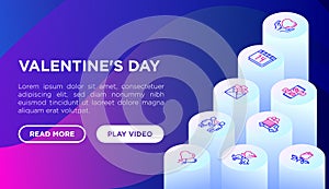 Valentines day web template with thin line isometric icons: couple in love, romantic evening, cupid bow, balloons, envelope, gif