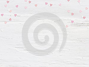 Valentines day or wedding mockup scene paper hearts confetti and empty space for text. Grunge white background, flat lay