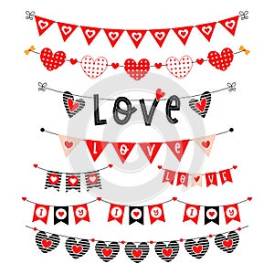 Valentines day wedding red vector bunting set.