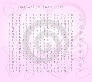 Valentines day word puzzle crossword - find the listed words about love in the brain work puzzle. attentiveness test, riddle game