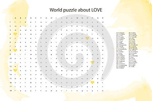 Valentines day word puzzle crossword - find the listed words about love in the
