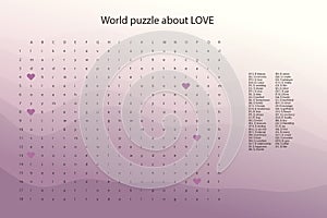 Valentines day word puzzle crossword - find the listed words about love in the