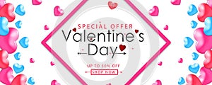 Valentines design, pink hearts on white background, Happy Valentine's Day text in middle with border, 50% Discount Offer