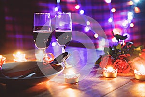 Valentines dinner romantic love concept / Romantic table setting decorated with Red heart fork spoon