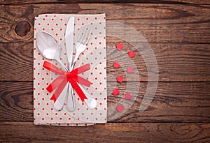 Valentines dinner on wooden background