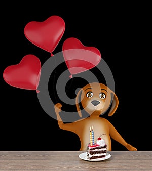 Valentines dog holding heart baloons -- isolated on black background. 3d render