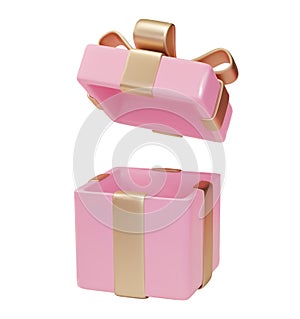 Valentines gifts box open 3d render. Pink box with gold glossy ribbon isolated on white background. Holiday decoration