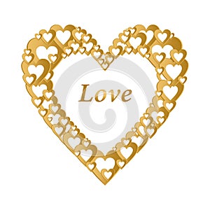 Valentines gold background with dark gold heart with gold hearts composition. Greeting for lovers and for Mother`s Day