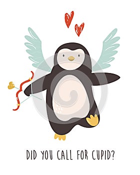 Valentines greeting card with lovely penguin. Funny animal character design